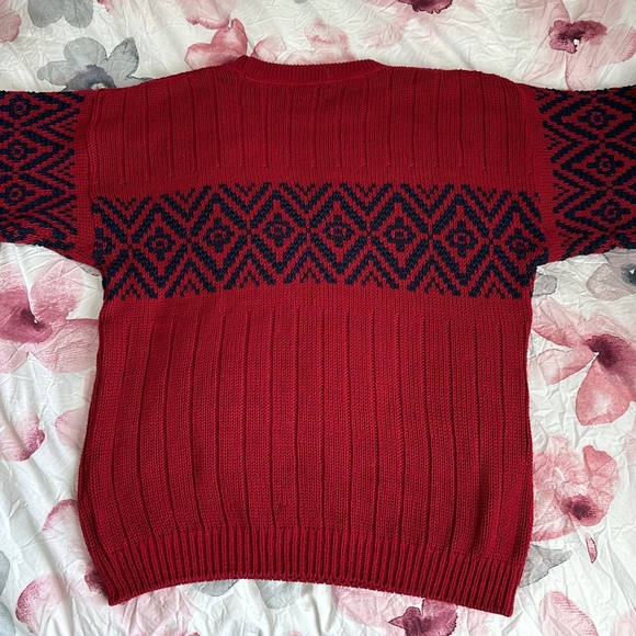 Eddie Bauer Vtg USA Made Medium Red Heavy Cotton Knit Fair Isle Pullover Sweater - Picture 8 of 9